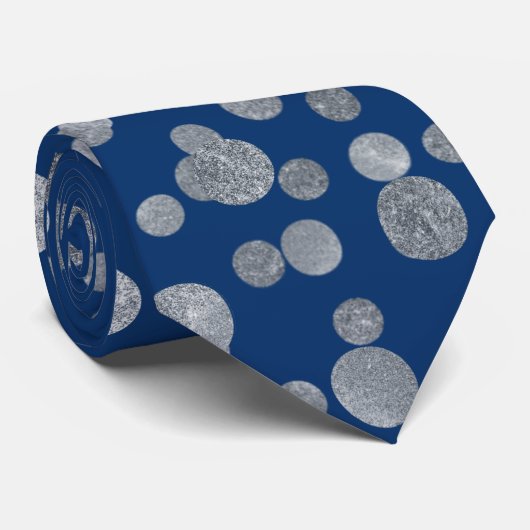 Modern Elegant Simple Navy Blue Silver Polka Dots Stropdas (Opgerold)