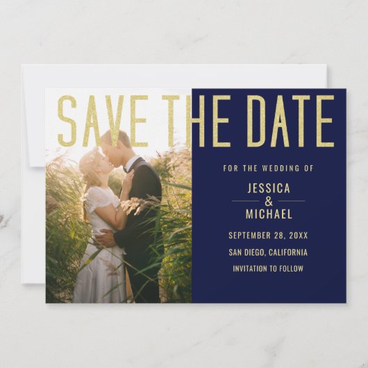 Modern Elegant Simple Navy Deep Blue Photo Weddens Save The Date (Voorkant)