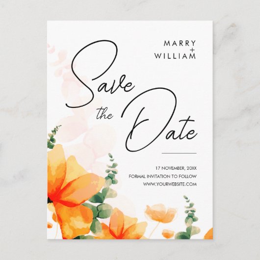 Modern Elegant Sinaasappel Herfst Bruiloft Save Th Briefkaart (Voorkant)