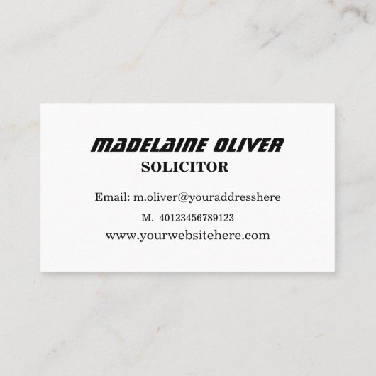 Modern Elegant Slank Solicitor Professional Zwart Visitekaartje (Achterkant)