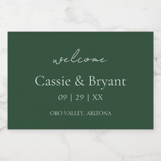 Modern Elegant Smaragd Groen Bruiloft Welkom Gift Sparkling Wijnetiket (Enkel label)