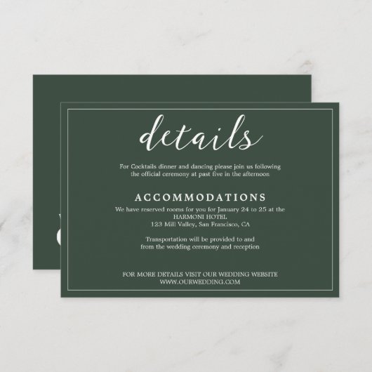 Modern Elegant Smaragd Groen Grens Script Bruiloft Informatiekaartje (Voorkant / Achterkant)