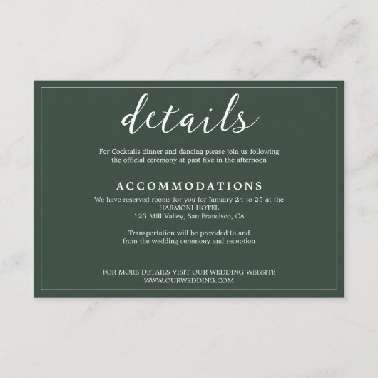 Modern Elegant Smaragd Groen Grens Script Bruiloft Informatiekaartje (Voorkant)