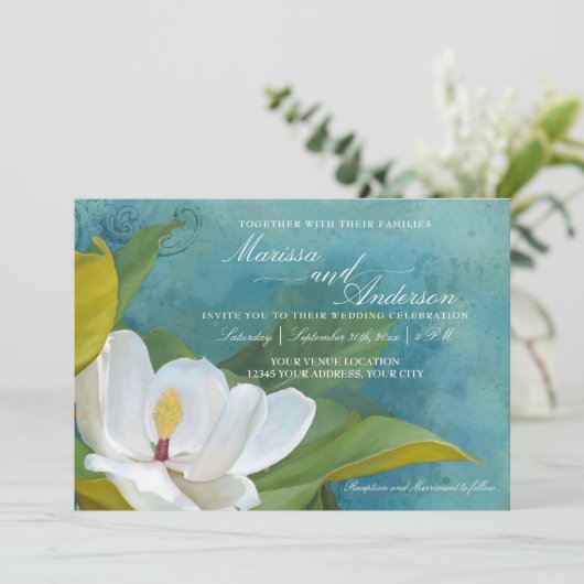 Modern Elegant Southern Magnolia Floral Typografie Kaart (Staand voorkant)