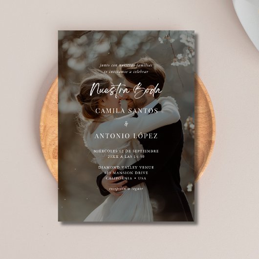 Modern Elegant Spaans Zwart Overlay Foto Bruiloft Kaart