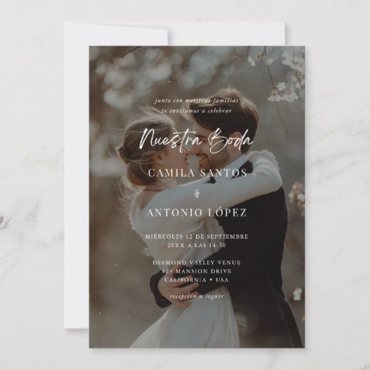 Modern Elegant Spaans Zwart Overlay Foto Bruiloft Kaart (Voorkant)