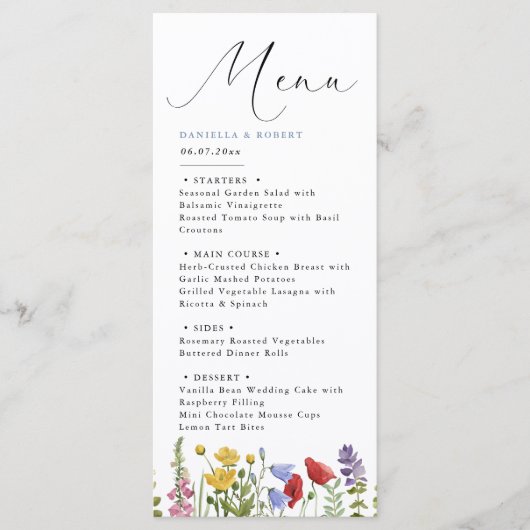Modern Elegant Spring Summer Wildflower Wedding Menu (Voorkant)