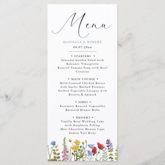 Modern Elegant Spring Summer Wildflower Wedding Menu (Voorkant)