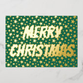 Modern elegant sterren script Merry Kerstgreen Folie Feestdagenkaart (Voorkant)