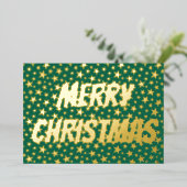 Modern elegant sterren script Merry Kerstgreen Folie Feestdagenkaart (Staand Voorkant)