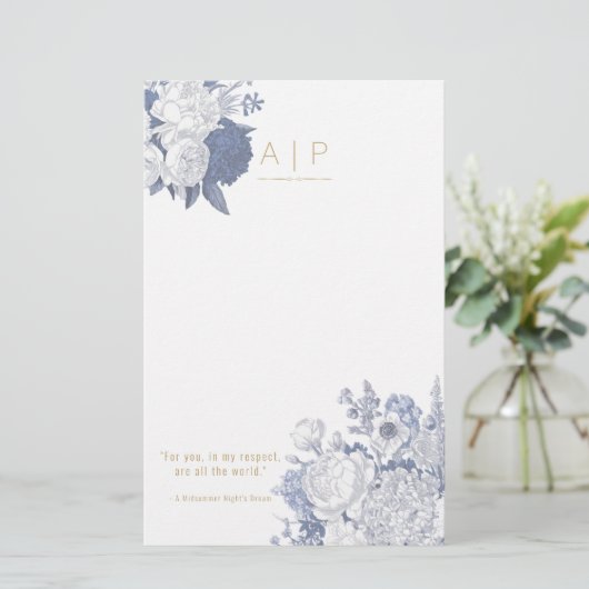 Modern Elegant Stijlvol Quote Bloemenblauw Briefpapier (Staand voorkant)