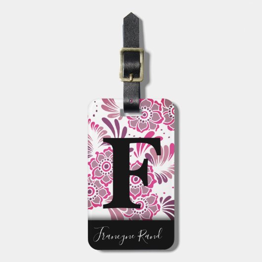 Modern elegant stijlvol roze monogram voor reizen bagagelabel (Voorkant verticaal)