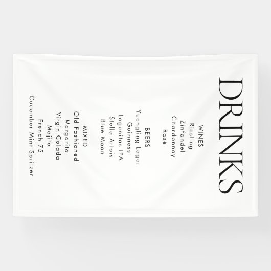 Modern Elegant Stof Wedding Bar Drinken Menu Spandoek (Horizontaal)
