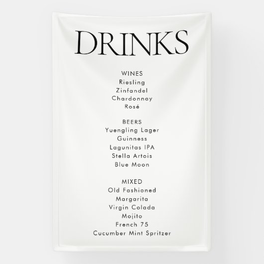 Modern Elegant Stof Wedding Bar Drinken Menu Spandoek (Verticaal)