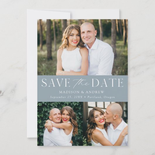 Modern Elegant Stoffig Blauw 3 Foto QR Code Save The Date (Voorkant)