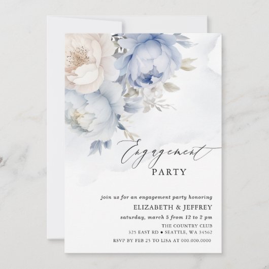 Modern Elegant Stoffig Blauw Bloemen Verlovingsfee Kaart (Voorkant)