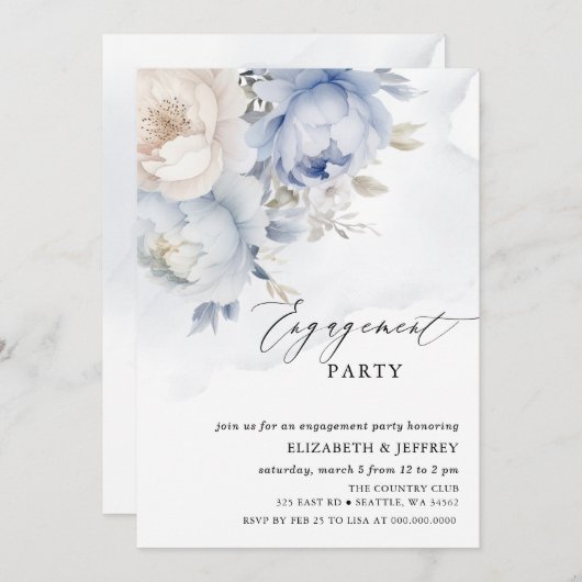 Modern Elegant Stoffig Blauw Bloemen Verlovingsfee Kaart (Voorkant / Achterkant)