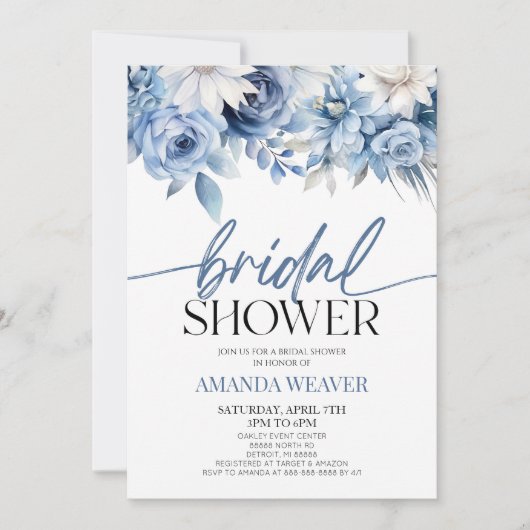 Modern Elegant Stoffig Blauw Bloemen Vrijgezellenf Kaart (Voorkant)