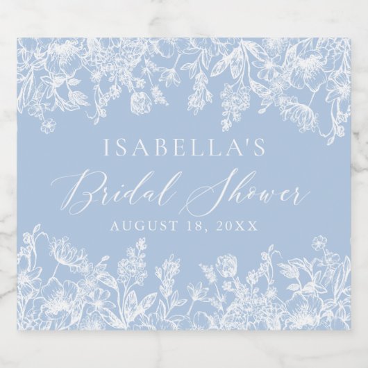 Modern Elegant Stoffig Blauw Bloemen Vrijgezellenf Sparkling Wijnetiket (Enkel label)