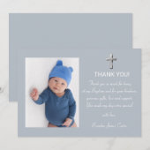 Modern Elegant Stoffig Blauw Kruis Jongen Doop Bedankkaart (Voorkant / Achterkant)