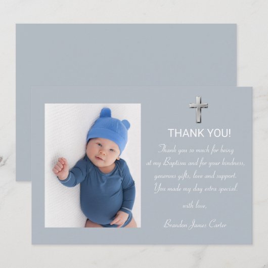 Modern Elegant Stoffig Blauw Kruis Jongen Doop Bedankkaart (Voorkant / Achterkant)