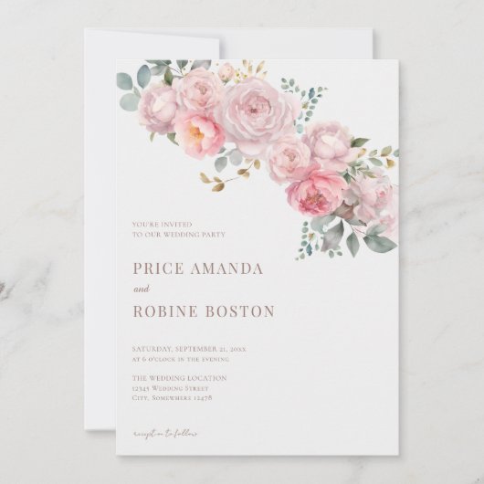 Modern Elegant Stoffig Roos Bloemen Huwelijk Kaart (Voorkant)