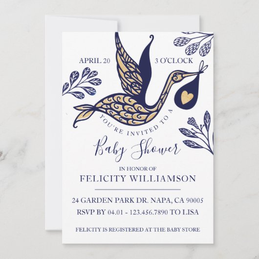 Modern Elegant Stork Baby Boy Shower Invitation Kaart (Voorkant)