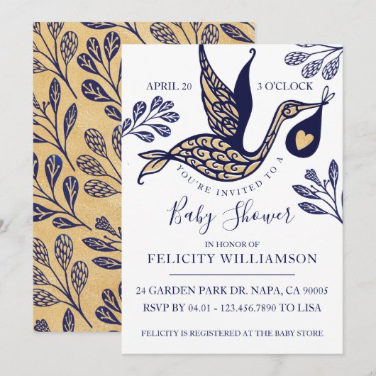 Modern Elegant Stork Baby Boy Shower Invitation Kaart (Voorkant / Achterkant)