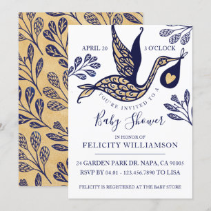 Modern Elegant Stork Baby Boy Shower Invitation Kaart