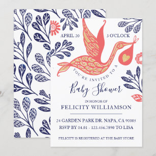 Modern Elegant Stork Baby Girl Shower Kaart