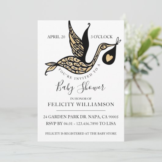 Modern Elegant  Stork Baby shower Invitation Kaart (Staand voorkant)