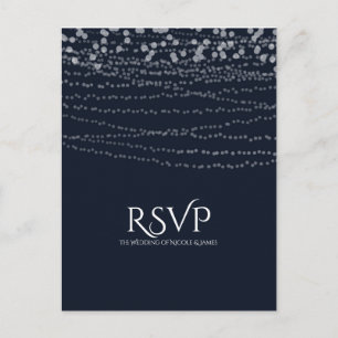 Modern Elegant String of Lights Blue Wedding RSVP Uitnodiging Briefkaart