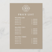 Modern Elegant Taupe Logo Service Menu Price List (Voorkant)