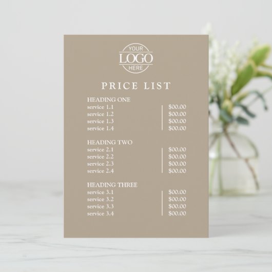 Modern Elegant Taupe Logo Service Menu Price List (Staand voorkant)