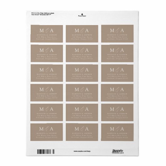 Modern Elegant Taupe Monogram Return Address Label (Full Sheet)