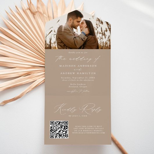 Modern Elegant Taupe Photo Wedding All In One Uitnodiging
