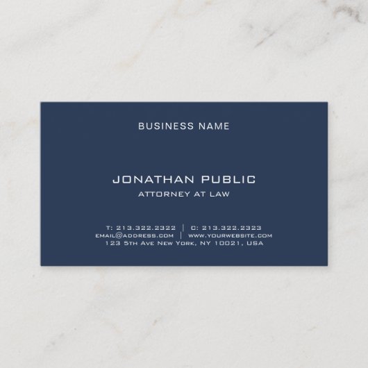Modern Elegant Template Attorney Lawyer Navy Blue Visitekaartje (Voorkant)