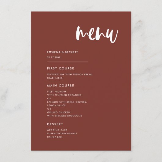 Modern elegant terracotta bruiloft menu (Voorkant)