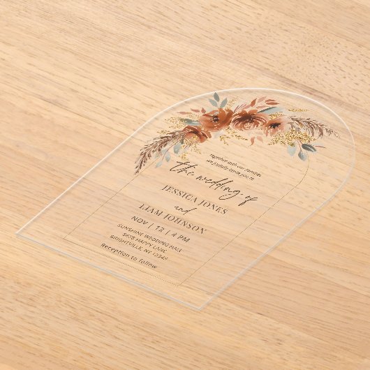 Modern Elegant Terracotta Fall Floral Wedding  Acryl Uitnodigingen (Laagn)