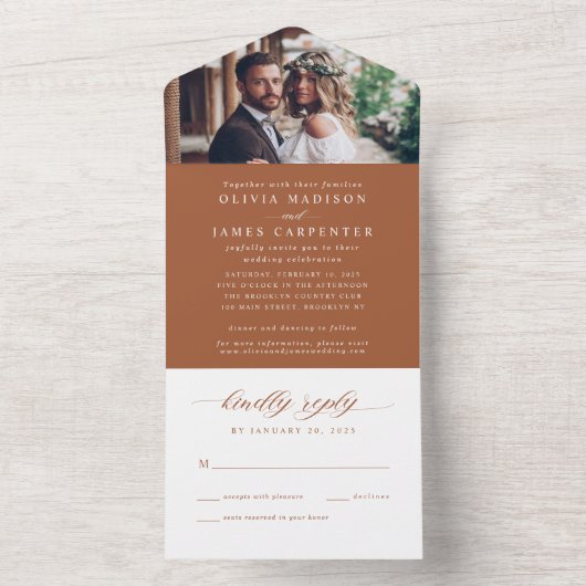 Modern Elegant Terracotta Foto RSVP Wedding All In One Uitnodiging (Binnen)