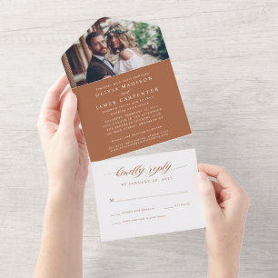 Modern Elegant Terracotta Foto RSVP Wedding All In One Uitnodiging