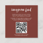 Modern elegant terracotta Honeymoon code QR Informatiekaartje<br><div class="desc">Een moderne en trendy stijl voor uw trouwbenodigdheden: een gewaagde typografie en een elegant terracotta kleurenthema,  dat gemakkelijk te mengen en bij te passen is. Volledig aanpasbare kleuren en achtergronden. Vervang het afbeelding door uw eigen aangepaste QR-code om uw gasten toegang te geven tot uw digitale wensen.</div>