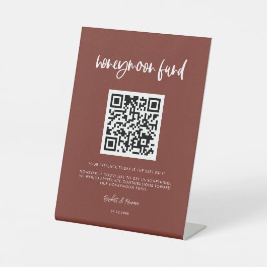 Modern elegant terracotta Honeymoon code QR Reclamebord Met Voetstuk (Voorkant)