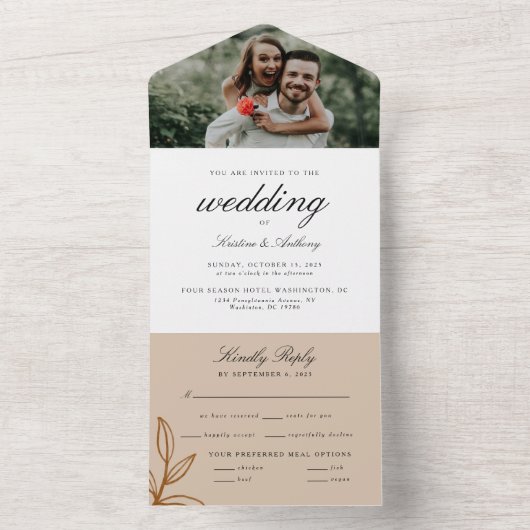 Modern Elegant Terracotta met leves Wedding All In One Uitnodiging (Binnen)