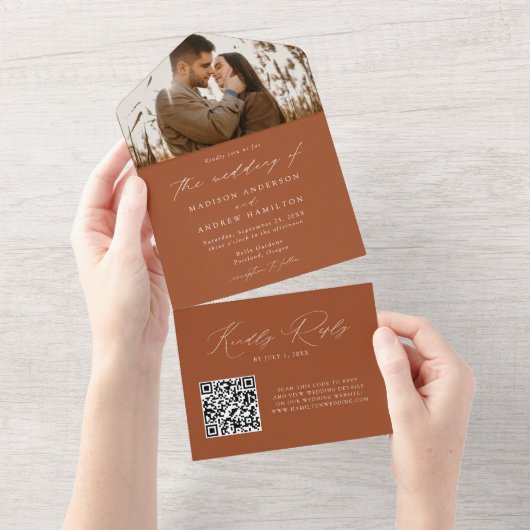 Modern Elegant Terracotta Photo Wedding All In One Uitnodiging (Afscheurbaar)