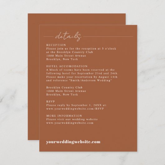 Modern Elegant Terracotta Script Wedding Details E Informatiekaartje (Voorkant / Achterkant)