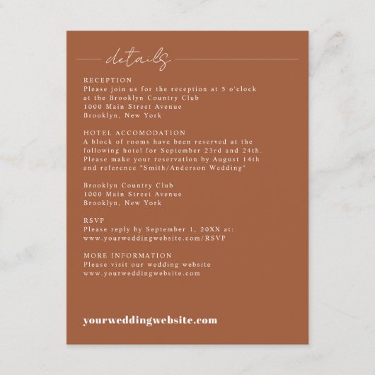 Modern Elegant Terracotta Script Wedding Details E Informatiekaartje (Voorkant)