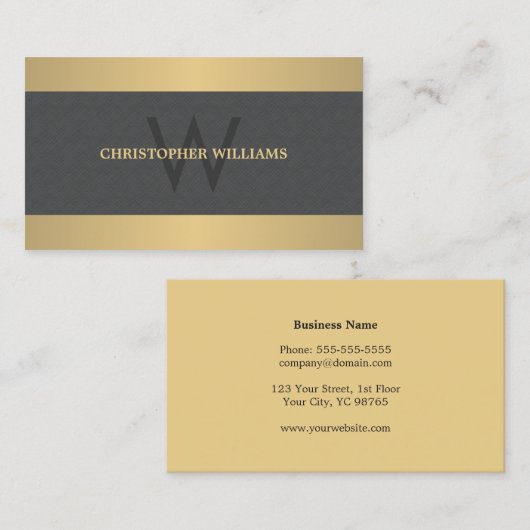Modern Elegant Texture Grey Faux Gold Monogram Visitekaartje (Voorkant / Achterkant)