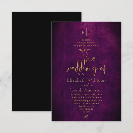 Modern Elegant Texture Paars & Gold Wedding Kaart (Voorkant / Achterkant)