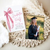 Modern Elegant Trendy Roze Bow Foto Afstuderen Kaart